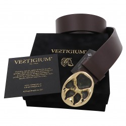 VESTIGIUM® wolf paw belt, brass buckle size 1:2, luxury velvet box, polish cloth and authenticity certificate.